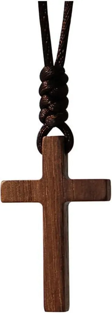 Collier Croix en Bois pour Communion ou Cadeau, Pendentif Noyer Unisexe