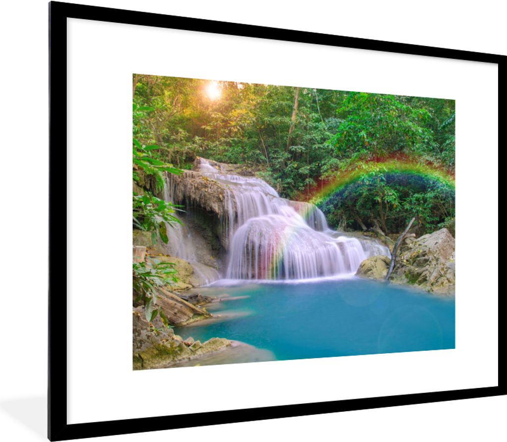 MuchoWow Gerahmtes Poster Regenbogen - Sonne - Wasserfall - Natur 80x60 cm - Poster mit Schwarzem Bilderrahmen Wandposter Rahmen Foto Bilder - Sc...