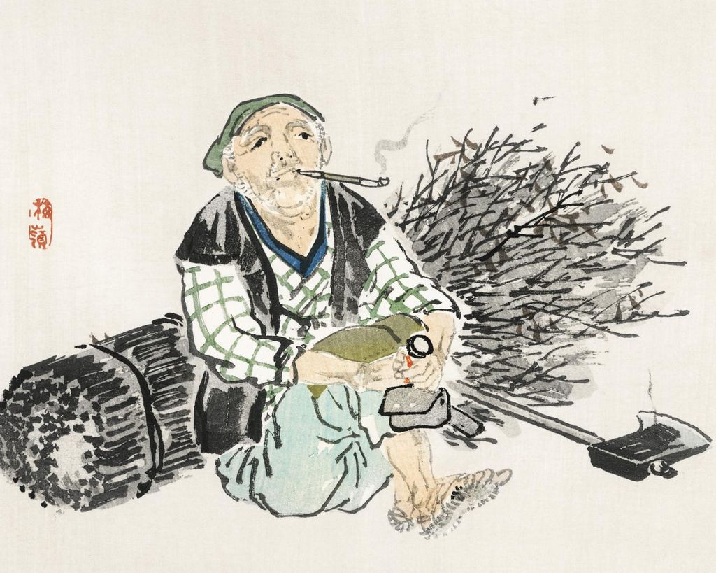 Plakat 50x40cm Smoking Farmer, Kōno Bairei Japanischer Vintage für das Wohnzimmer