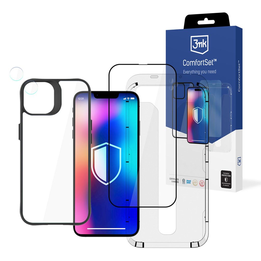 3mk Comfort Set - Schutzhülle, Display Gehärtetes Glas, Hybridglas Kameralinse für iPhone 14 Plus