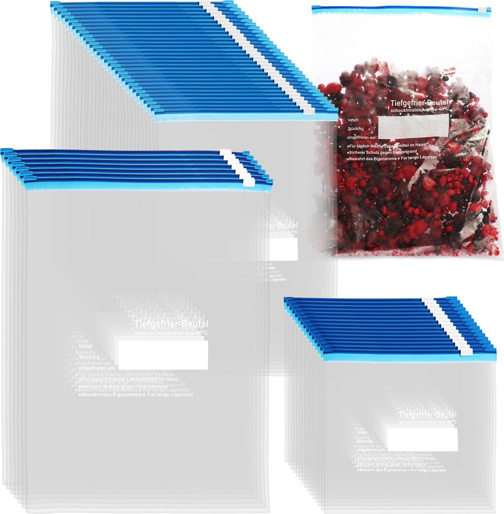 com-four 52-tlg. Set Gefrierbeutel 1L, 3L, 6L zum Verschließen, wiederverschließbare Frischhaltebeutel zur Lebensmittelaufbewahrung - Allzweckb...