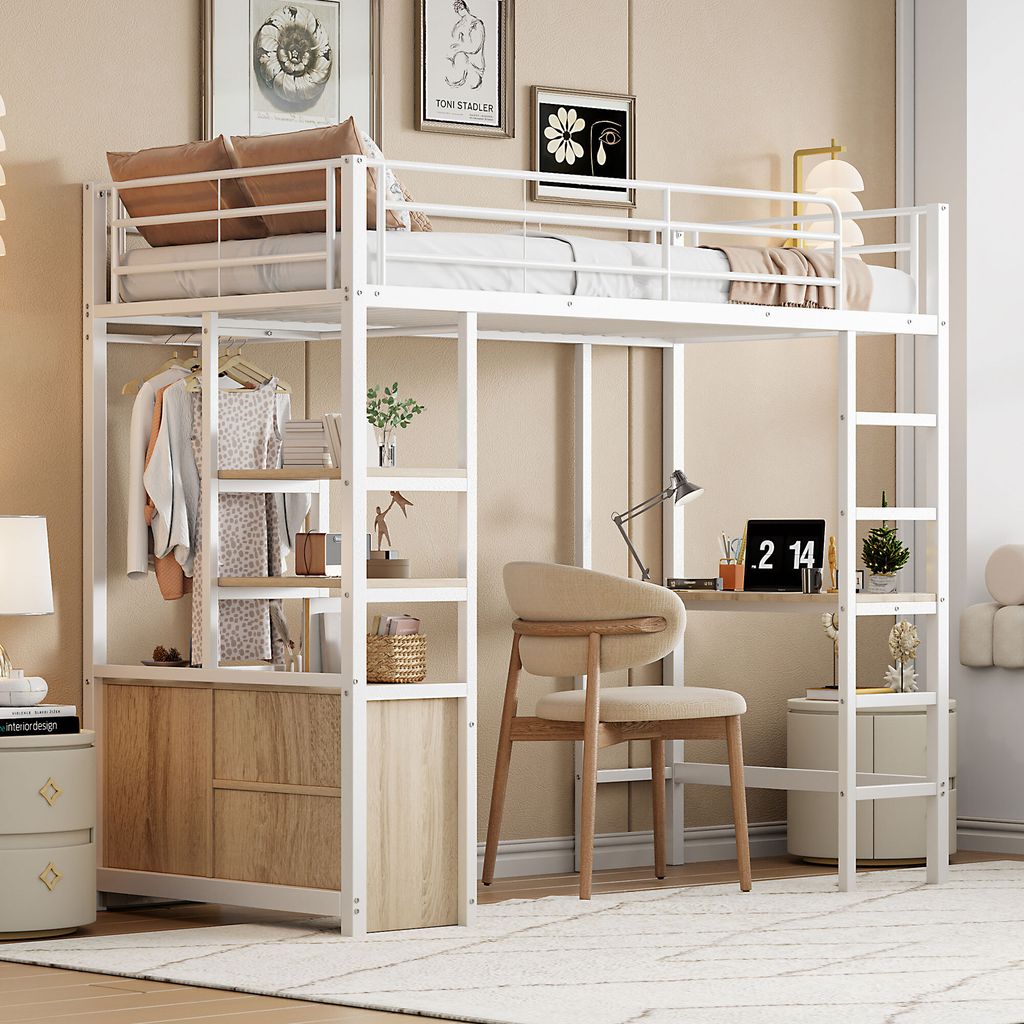 A loft bed with a desk, storage, and closet area, set up in a room.