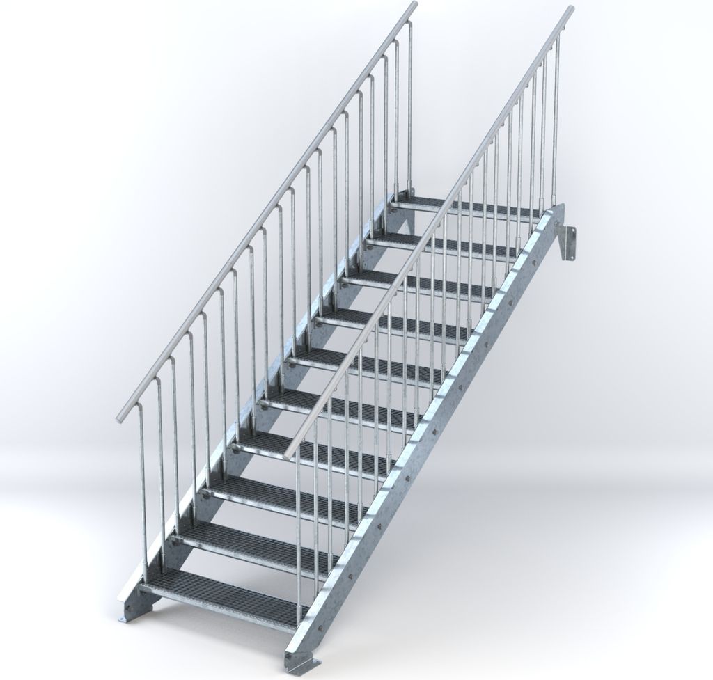 Stahltreppe 10 Stufen bis Höhe 200 cm, Laufbreite : 100 cm beidseitiges Geländer ST 2 (31 / 31 mm gezackt)