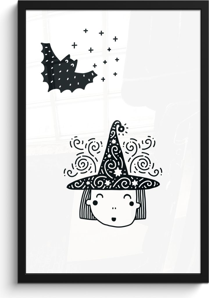 MuchoWow MuchoWow Gerahmtes Poster Hexe - Halloween - Schwarz - Weiß - Jungen - Mädchen - Baby 40x60 cm - Poster mit zchwarzem Bilderrahmen -...