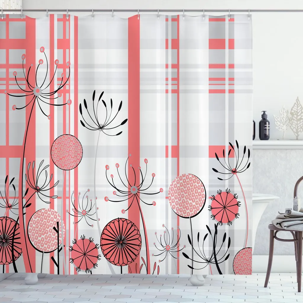 ABAKUHAUS Tenda da doccia con motivi floreali, motivi botanici pastello con erbe astratte, 175 x 200 cm, rosso corallo grigio antracite