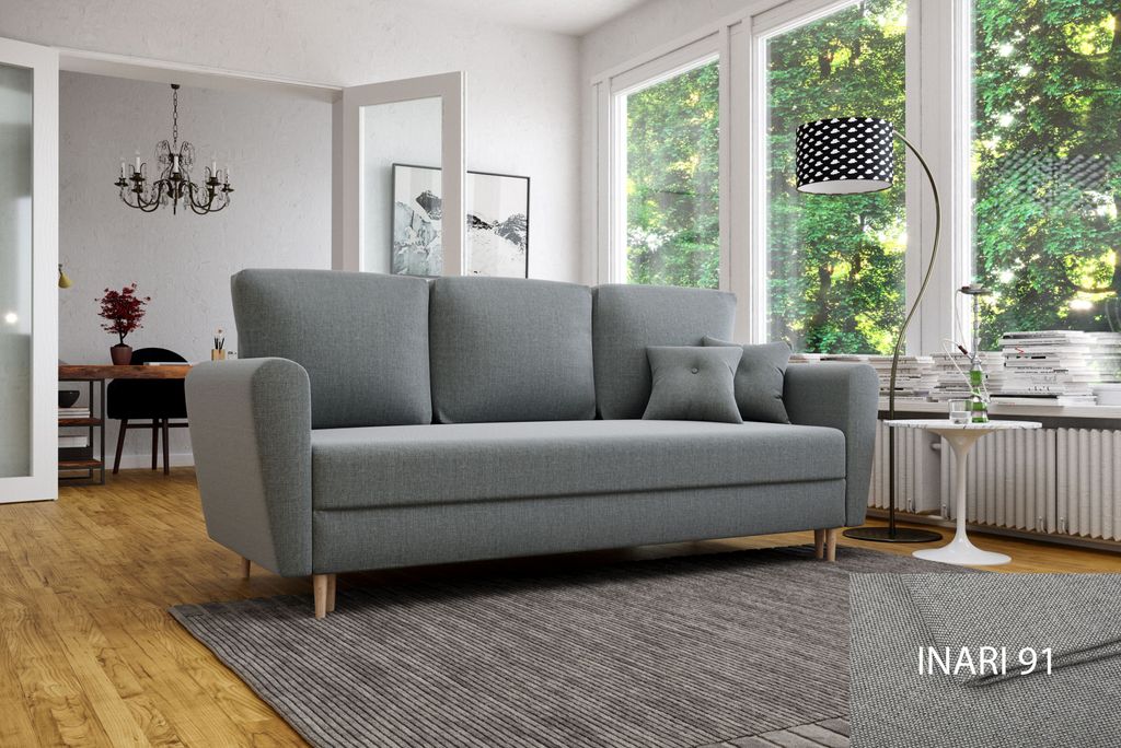 Schlafsofa LILI, Sofa mit Schlaffunktion und Bettkasten, Klappsofa, Schlafcouch mit Füßen aus Naturholz, Couch in Frabe: Hellgrau, Veloursstoff