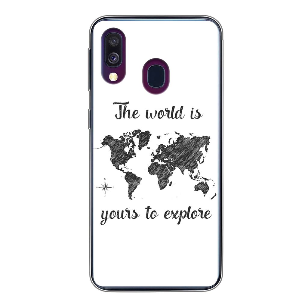 MuchoWow Handyhülle Schutzhülle Hülle für Samsung Galaxy A40 Weltkarte - Schwarz - Sprichwörter Silikon Softcase Handy Hülle - Handy-Tasche