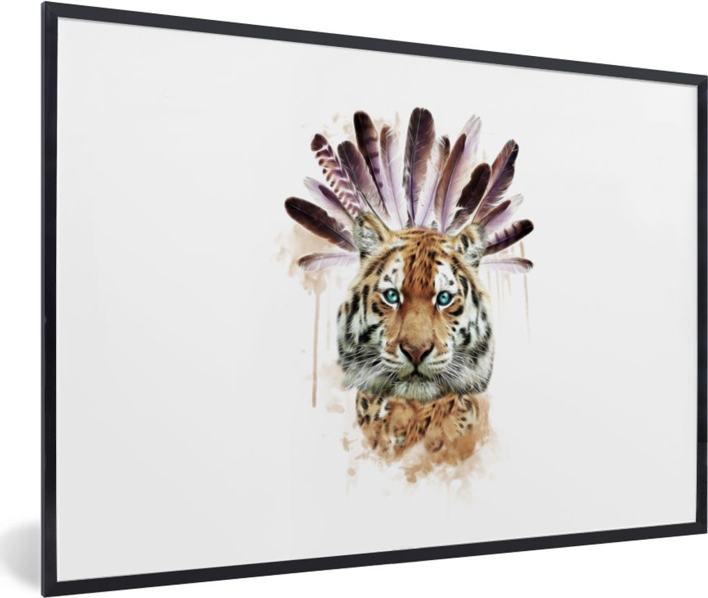MuchoWow MuchoWow Gerahmtes Poster Tiger - Kopf - Federn 90x60 cm - Poster mit zchwarzem Bilderrahmen - Fotorahmen - Foto-Plakat