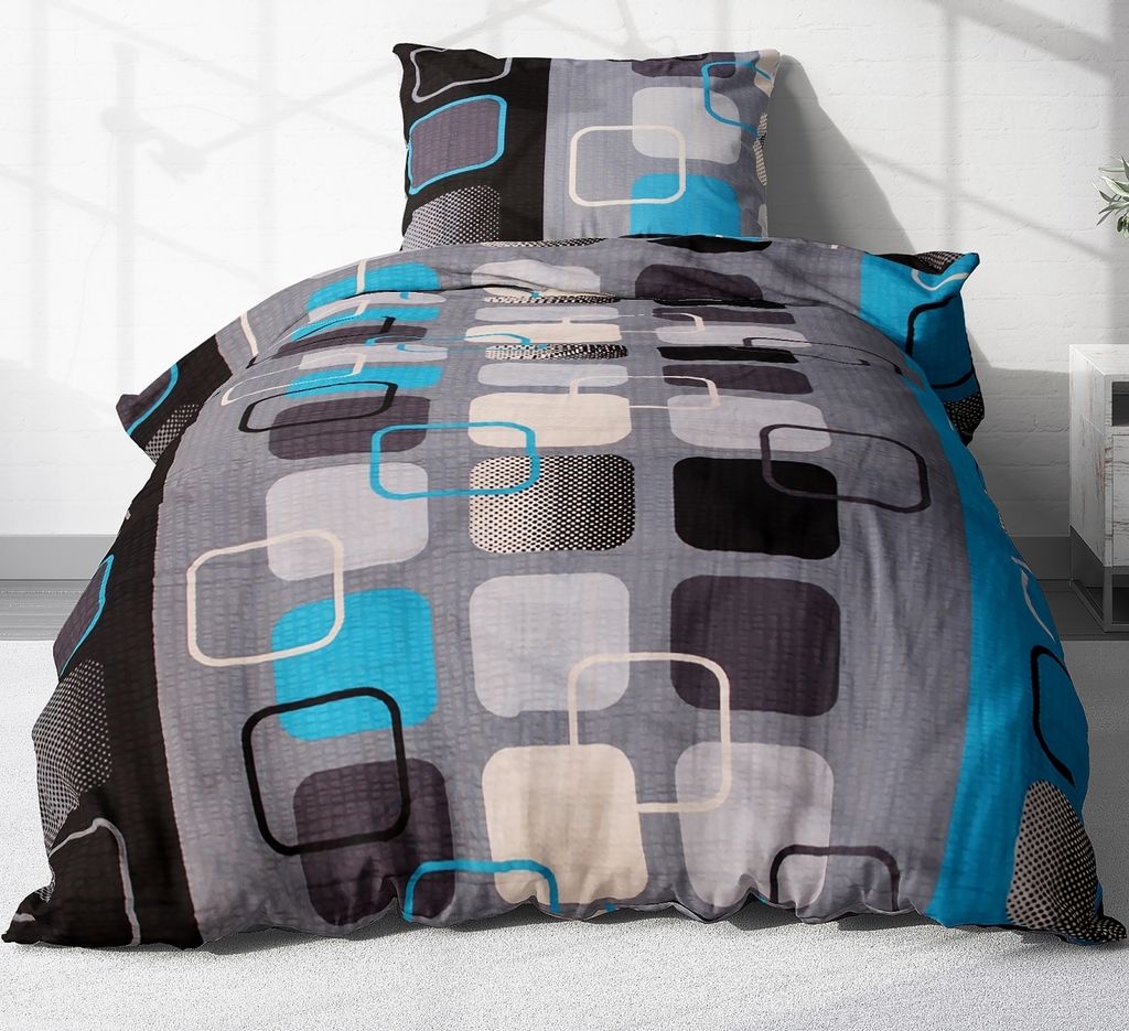 2-teilige Seersucker Bettwäsche 135x200cm und 80x80cm - Türkis Grau Schwarz Design Kariert - Bettgarnitur aus 100% Baumwolle, bügelfrei (396-3-S)