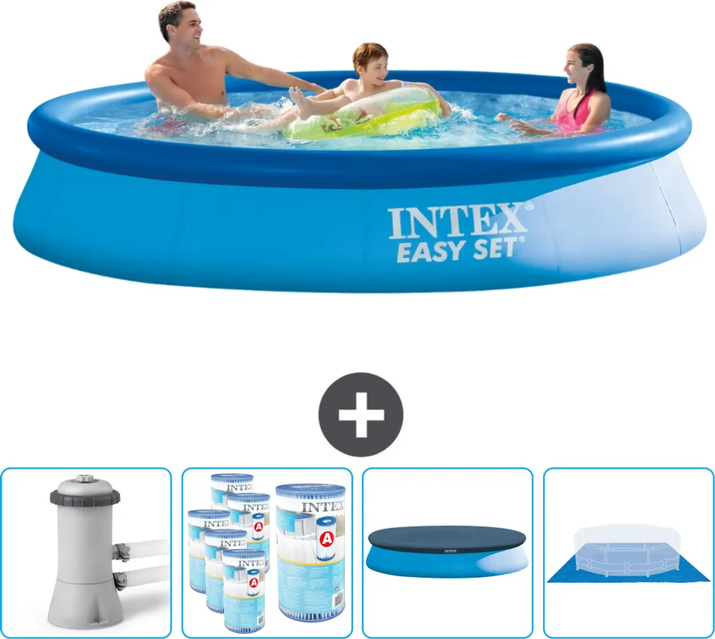 Piscina gonfiabile rotonda Easy Set di Intex - 366 x 76 cm - blu - inclusa pompa - filtro - copertura - telo di fondo
