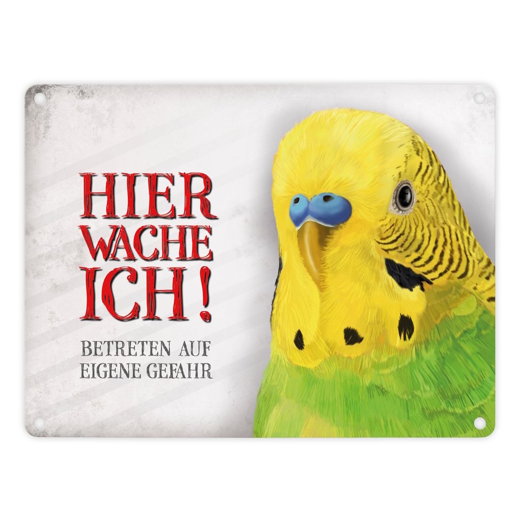 Metallschild mit Wellensittich Motiv und Spruch: Betreten Produktbild 