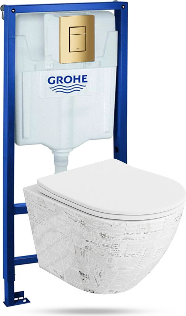 GROHE Vorwandelement Solido + Wand Hänge WC Sofi Slim Paper Weiß Spülrandlos + WC-Sitz SoftClose | Goldener Knopf | Komplettset | Unterputz Spü...