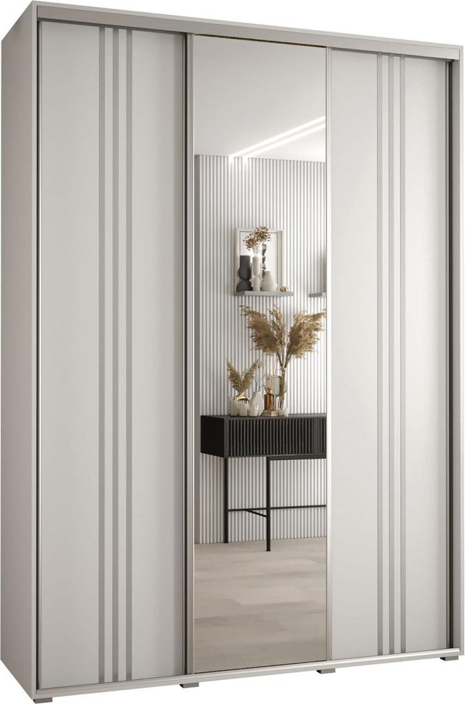 MEBLE KRYSPOL Cannes 7 Schrank mit 3 Schiebetüren - 205,2x180x60 cm - Weiß Weiß Silber