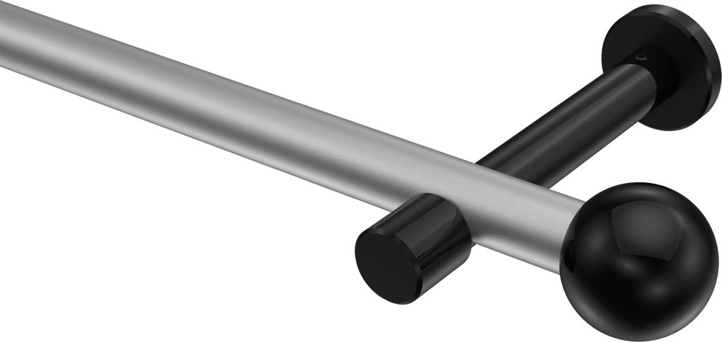 Interdeco Gardinenstange / Vorhangstange Silbergrau / Schwarz, Typ Prestige Luino (Kugel) ohne Ringe, 20 mm Ø 1-läufig, 180 cm