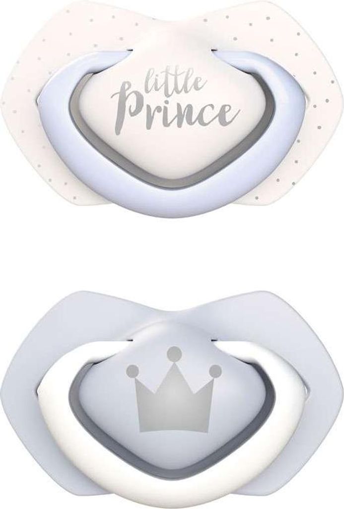 Two baby pacifiers are shown against a white background. The top pacifier has a white shield with small gray dots and the words "little Prince" printed in gray. The bottom pacifier has a light blue shield with a gray crown graphic.