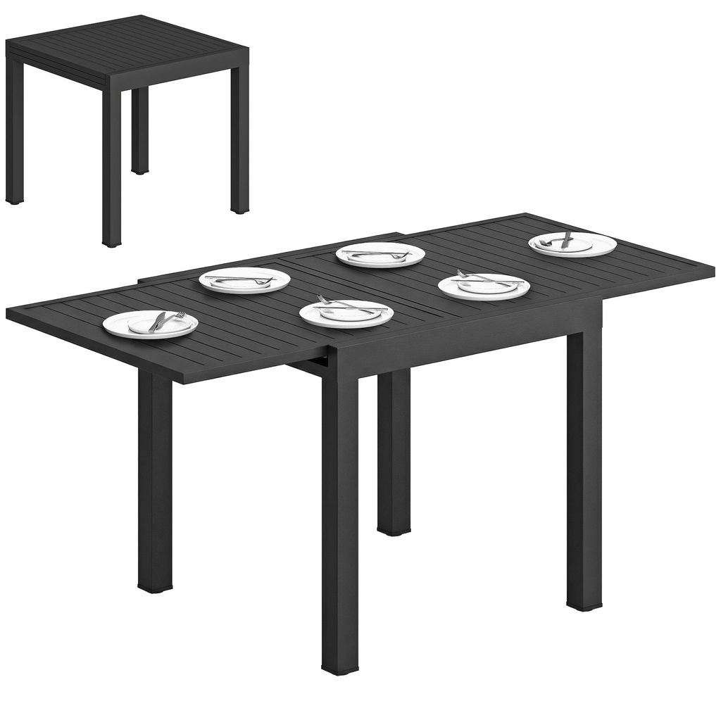 Gartentisch Ausziehbarer 80/160 x 80 cm Aluminium Esstisch für 4-6 Personen, Rechteckig mit Lamellenplatte, Schwarz, für Garten und Terrasse