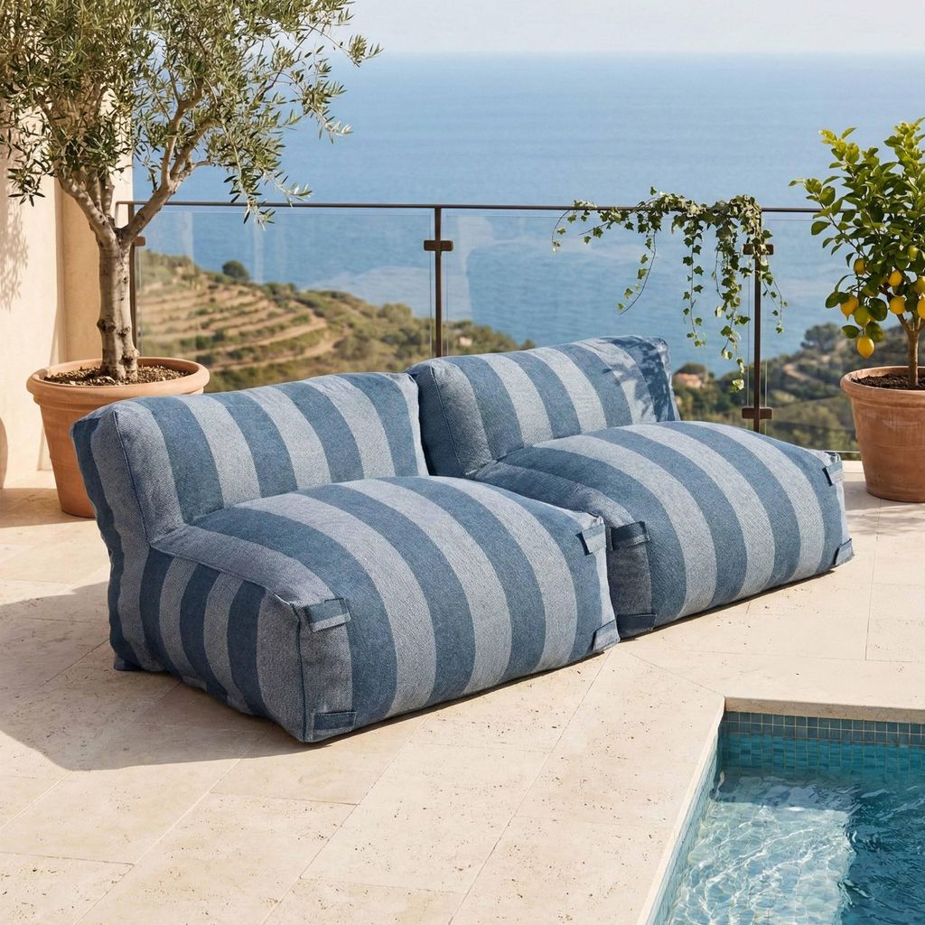 Modulares Gartenmöbelset mit 2 gestreiften Sesseln in Pazifikblau - Oviala Mixi