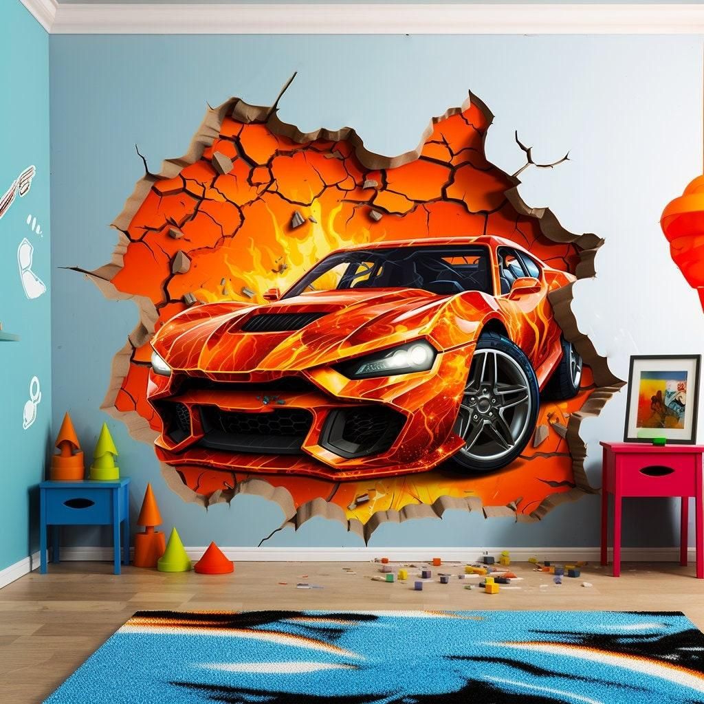 Sportwagen im feurigen 3D-Mauerdurchbruch – Decords Wandtattoo, Produktansicht 1