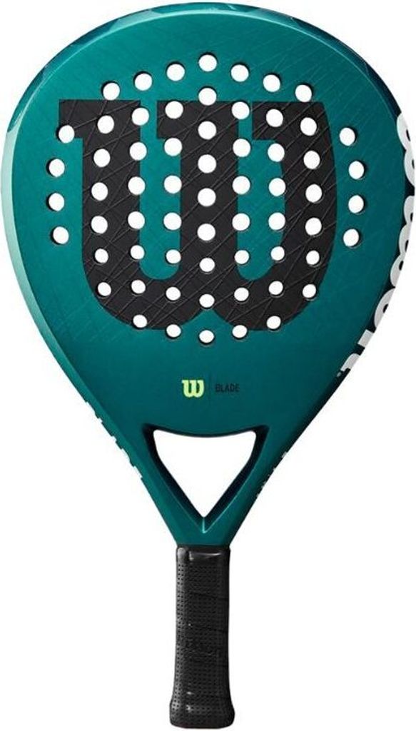A teal and black Wilson Blade Pro V3 padel racket is shown against a white background.