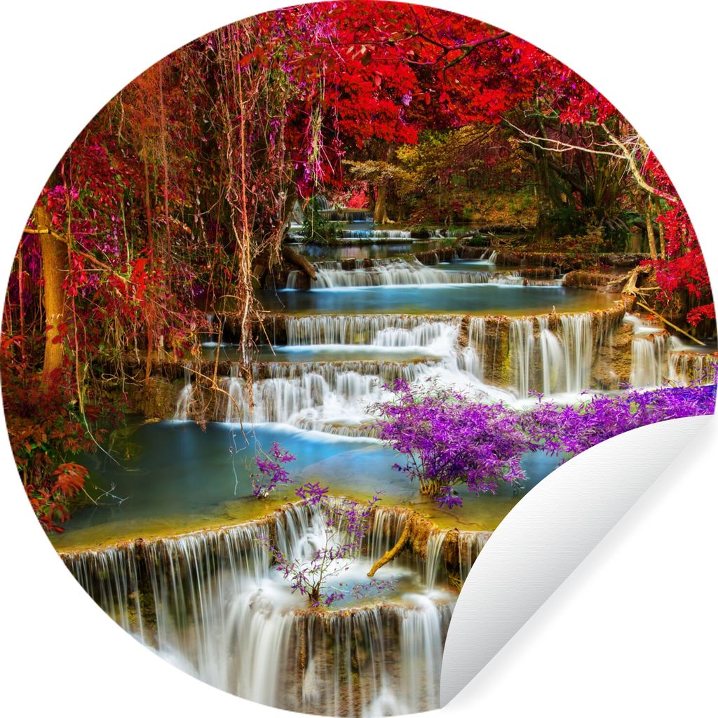 MuchoWow Runde Wandtattoo - Wandsticker Tapete Aufkleber Wasserfall - Rosa - Bäume Ø 100 cm Selbstklebend und Repositionierbar - Wandaufkleber ...