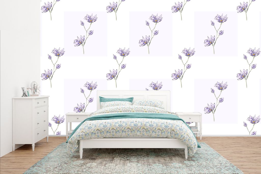 MuchoWow Fototapete für Wohnzimmer oder Schlafzimmer Wandtapete Vinyl Motivtapete Blumen - Lila - Muster - 435x260 cm - Kinderzimmer