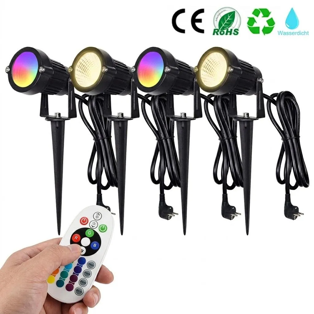 Pack de 4 Projecteurs LED RGB Jardin avec Piquet Étanche et 16 Couleurs