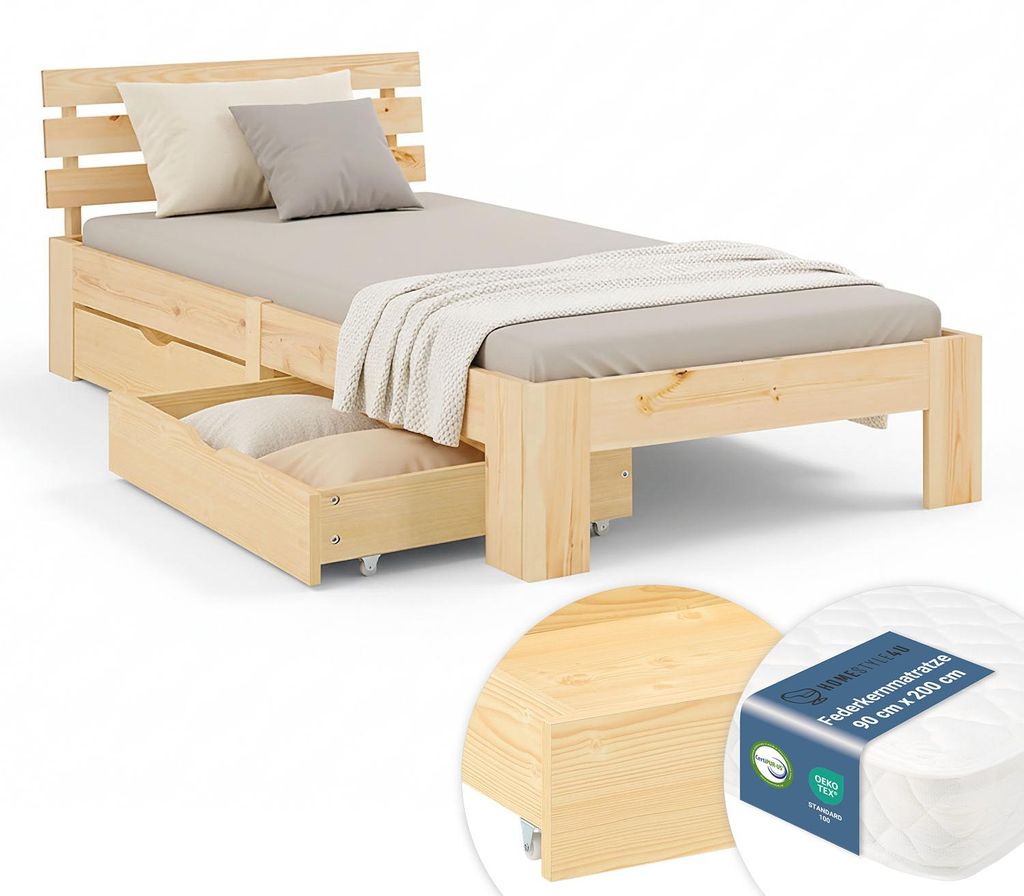 Homestyle4u Holzbett 90x200 mit Lattenrost mit Matratze mit Produktbild 