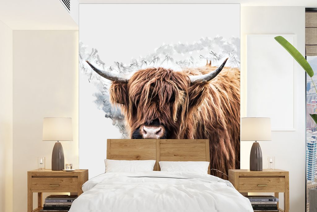 MuchoWow Fototapete für Wohnzimmer oder Schlafzimmer Wandtapete Vinyl Motivtapete Schottischer Highlander - Tiere - Farbe - 195x260 cm - Wandbild