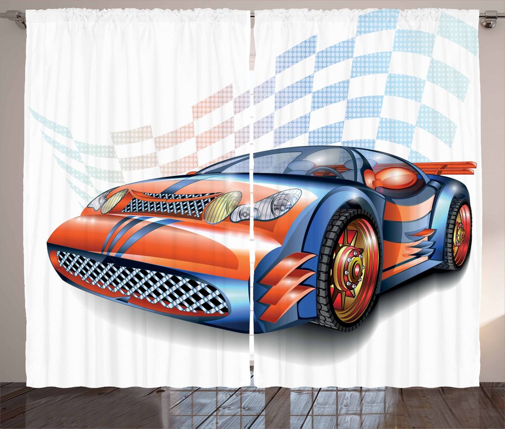 ABAKUHAUS Autos Rustikaler Vorhang, Karikatur-Art-Rennwagen, Wohnzimmer Universalband Gardinen mit Schlaufen und Haken, 280 x 245 cm, Orange Blau S...