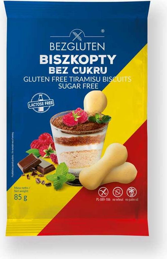 A package of gluten-free tiramisu biscuits with an image of the dessert and biscuits.