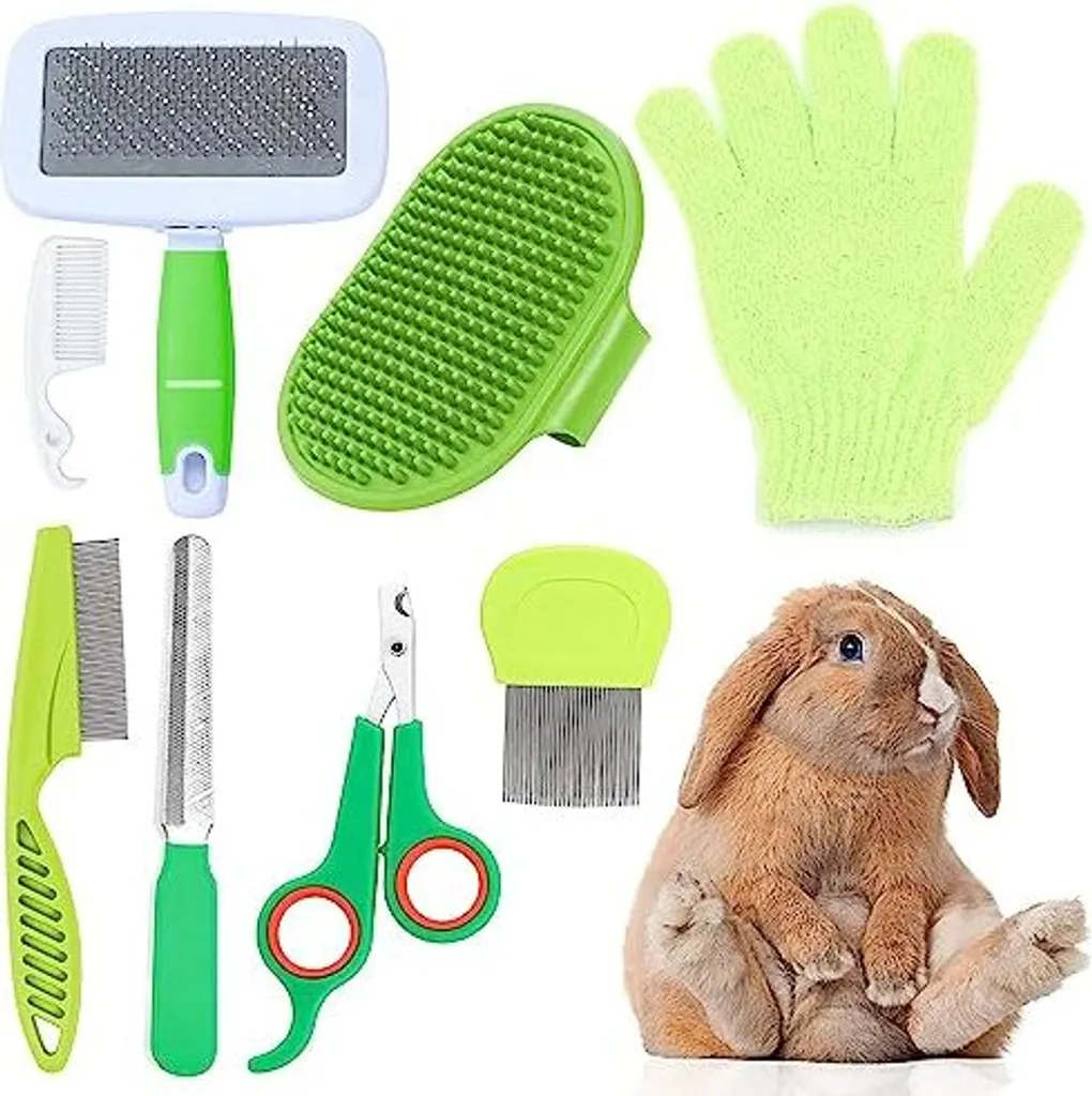 Miaoz Set per la cura dei conigli Set tagliaunghie, rimuovi peli, lima lunga, pettine antipulci, spazzola per bagno shampoo Conigli, cuccioli, gattini, gatti