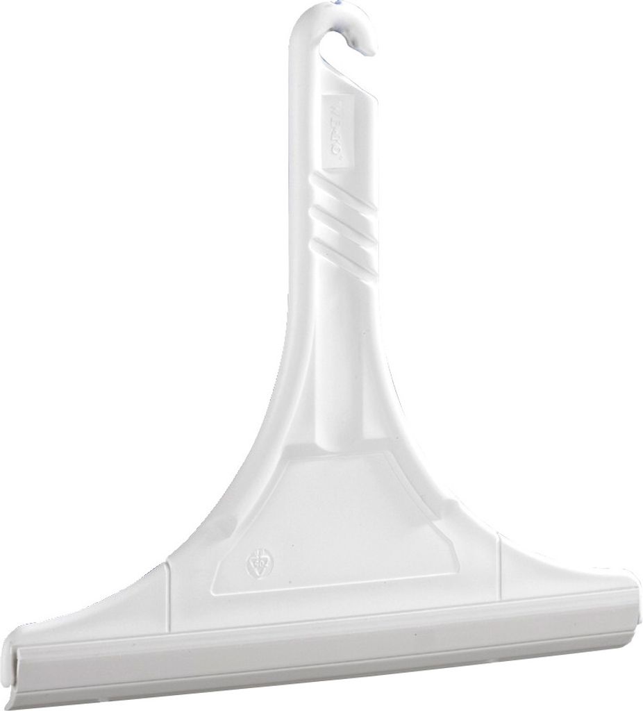 A white bathroom squeegee with a hook for hanging.