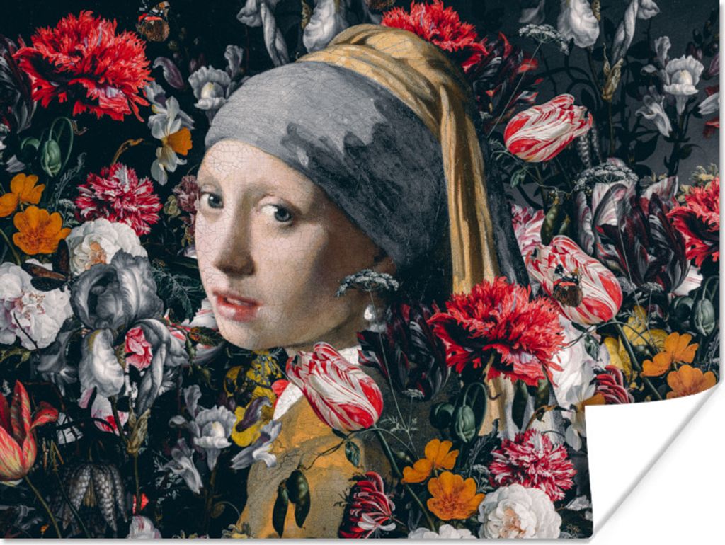 MuchoWow Poster Das Mädchen mit dem Perlenohrring - Blumen - Johannes Vermeer 80x60 cm - Kunst für zu Hause