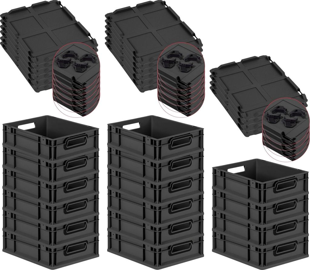 SuperSparSet 16x Eurobox NextGen Color mit Auflagedeckel und Schiebeschnappverschlüsse | HxBxT 12x30x40cm | 11 Liter | Schwarz | Griffe schwarz of...