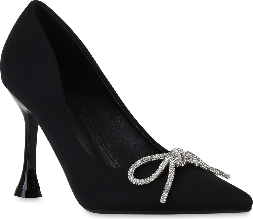 VAN HILL Damen Spitze Pumps Party Strass Schleife Absatz-Schuhe 840030, Farbe: Schwarz, Größe: 39