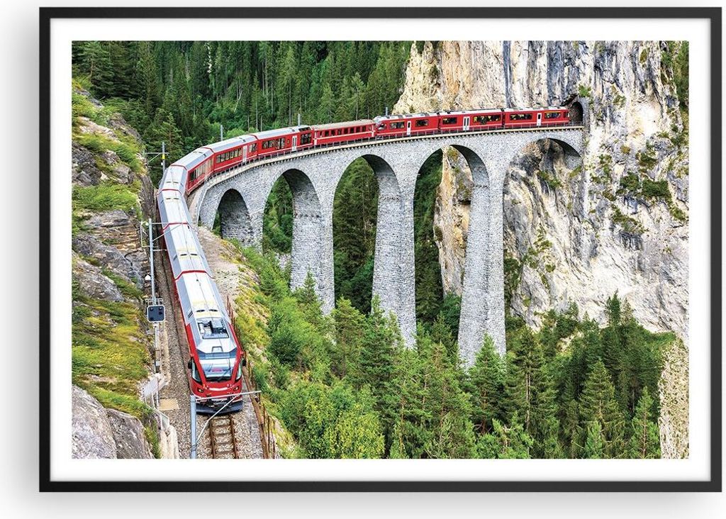 Gerahmtes Poster - Schwarzer Rahmen - Viadukt Landwasser Zug - 100x70 cm - Wand Bild - Wanddeko - Wandbilder - Kunstposter - Wandposter - Bilderrah...