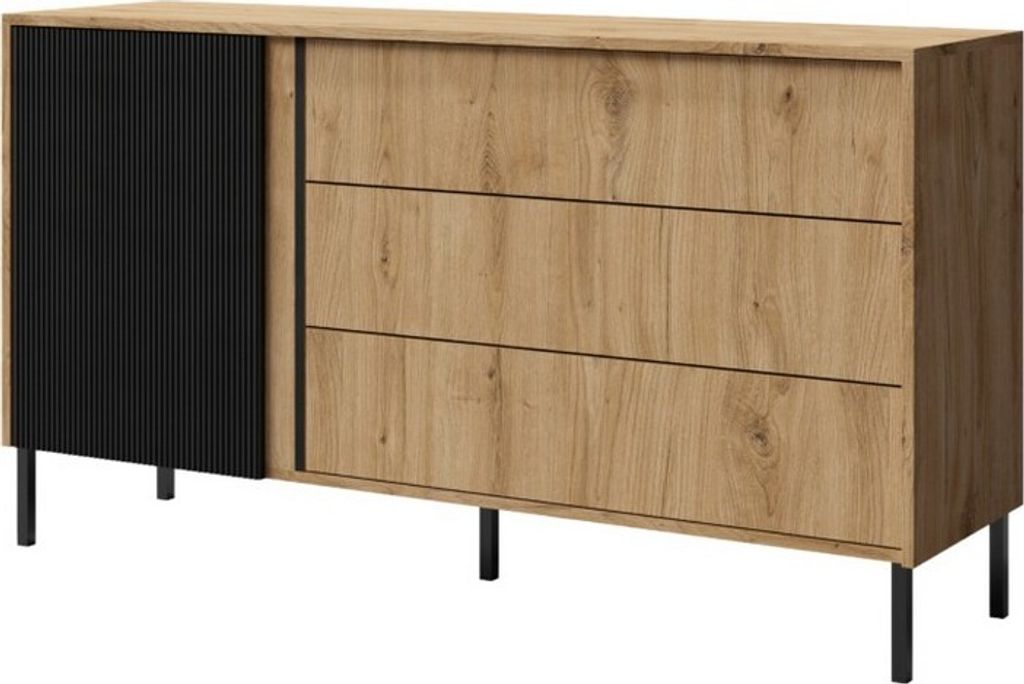 Sideboard Mia 3 Kommode 145X80X41 Cm 3 Tüen 3 Schubladen Eiche Ewig/Schwarz