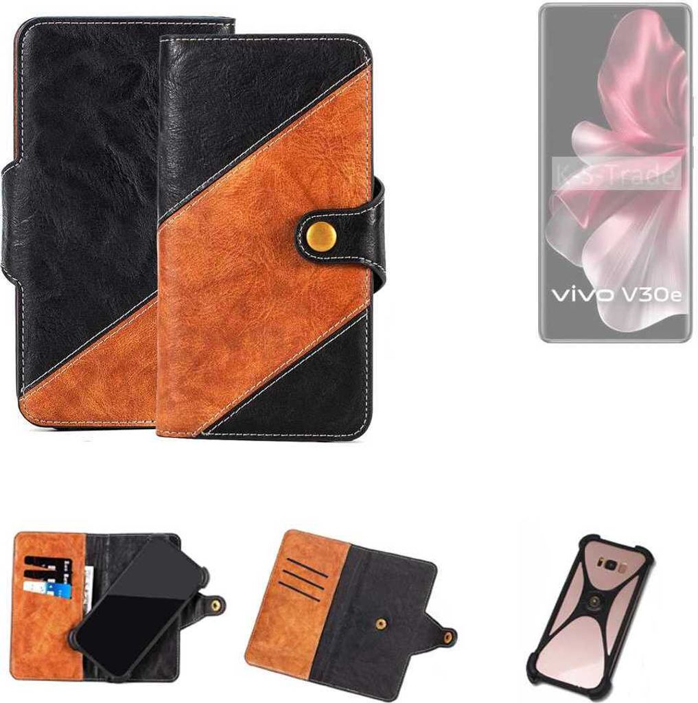 K-S-Trade Handyhülle Schutzhülle Bookstyle Case Wallet-Case kompatibel mit Vivo V30e V2339 Handy Cover Bumper Klapphülle schwarz hellbraun 1x