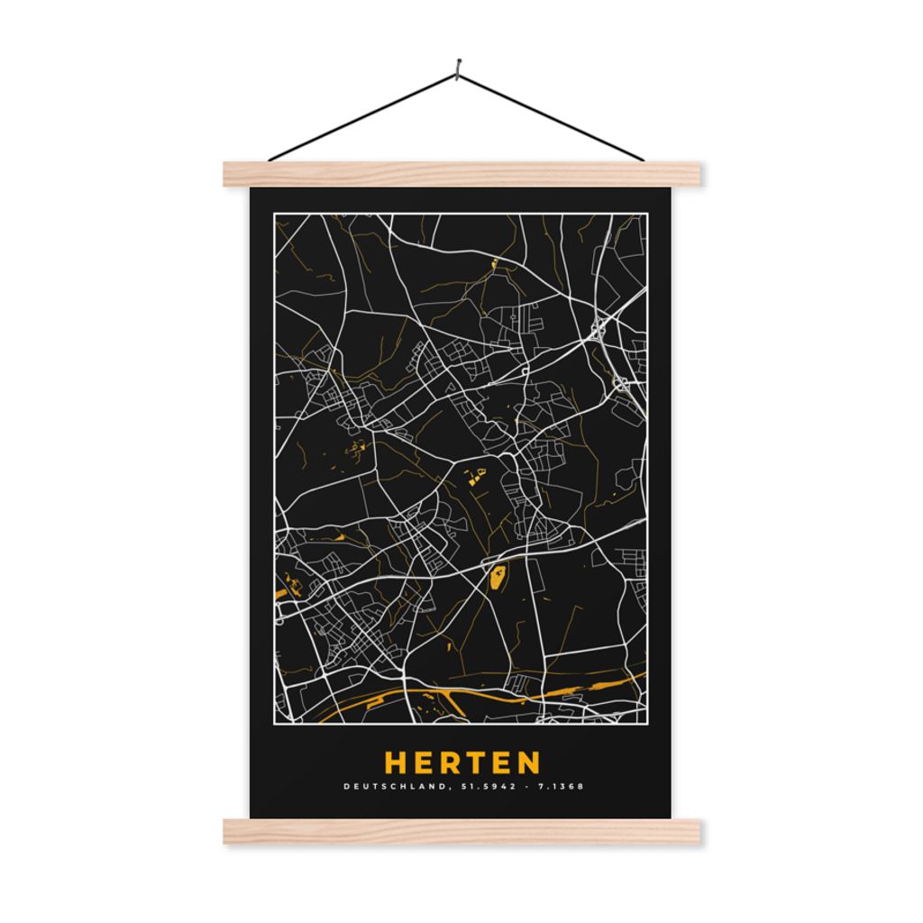 MuchoWow Textilposter Schwarz und Gold - Stadtplan - Rotwild - Deutschland - Karte 40x60 cm mit holzfarbenen Rahmen - Poster