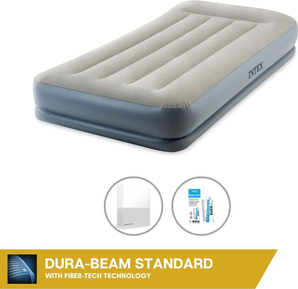 Intex Luftbett - 1 Person - 99 x 191 x 30 cm - Grau - Mit eingebauter Pumpe + Spannbettlaken Weiß + Reperaturset