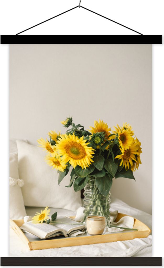 MuchoWow Textilposter Stilleben - Tablett - Sonnenblumen 60x90 cm mit schwarzem Rahmen - Poster Wohnzimmer