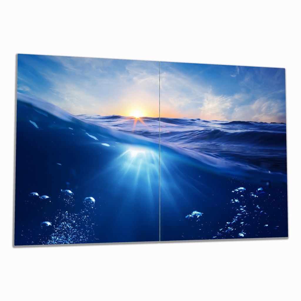 Wallario Herdabdeckplatte aus Glas, Größe 80 x 52 cm 2-teilig, Motiv Wellen im Meer bei Sonnenuntergang