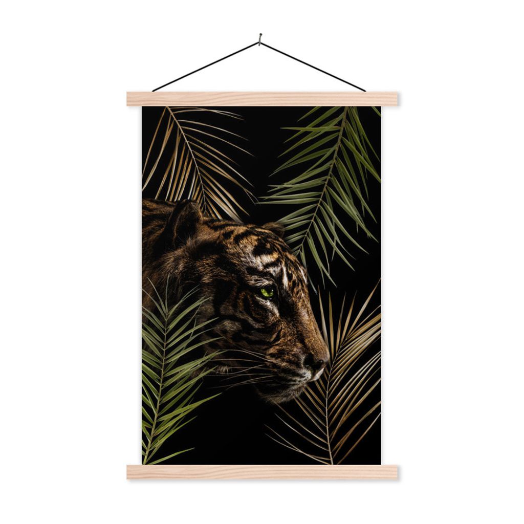 MuchoWow Textilposter Tiger - Pflanzen - Palme 120x180 cm mit holzfarbenen Rahmen - Textil-Plakat