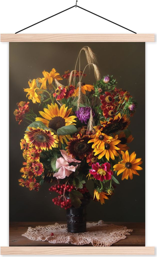 MuchoWow Textilposter Blumenstrauß - Farben - Stilleben 120x180 cm mit holzfarbenen Rahmen - Textil-Plakat