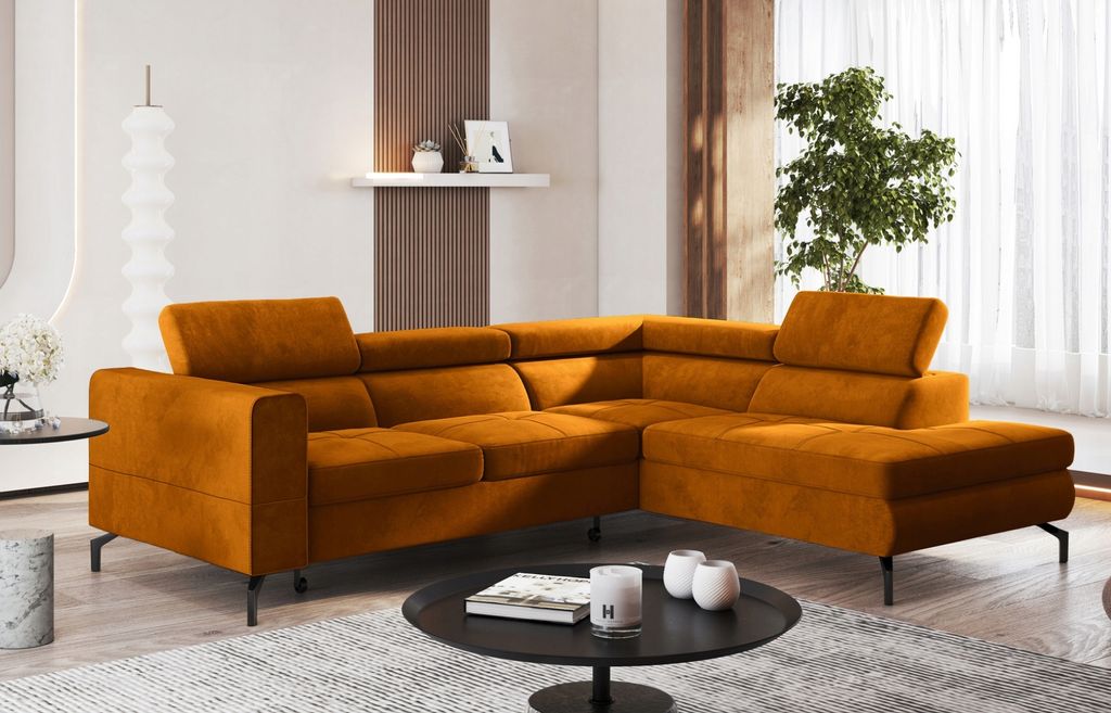 Easy4You Senf Ecksofa Balsta Velours in L-Form 264 x 73 x 203 cm mit Schlaffunktion und Bettzeugbehälter - Schlafsofa mit Bettkasten Links oder re...