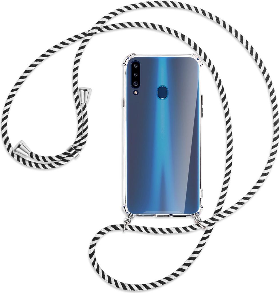Handykette Backcover-Schutzhülle mit Band (Metall silberfarben) für Samsung Galaxy A20s - schwarz/weiß gestreift