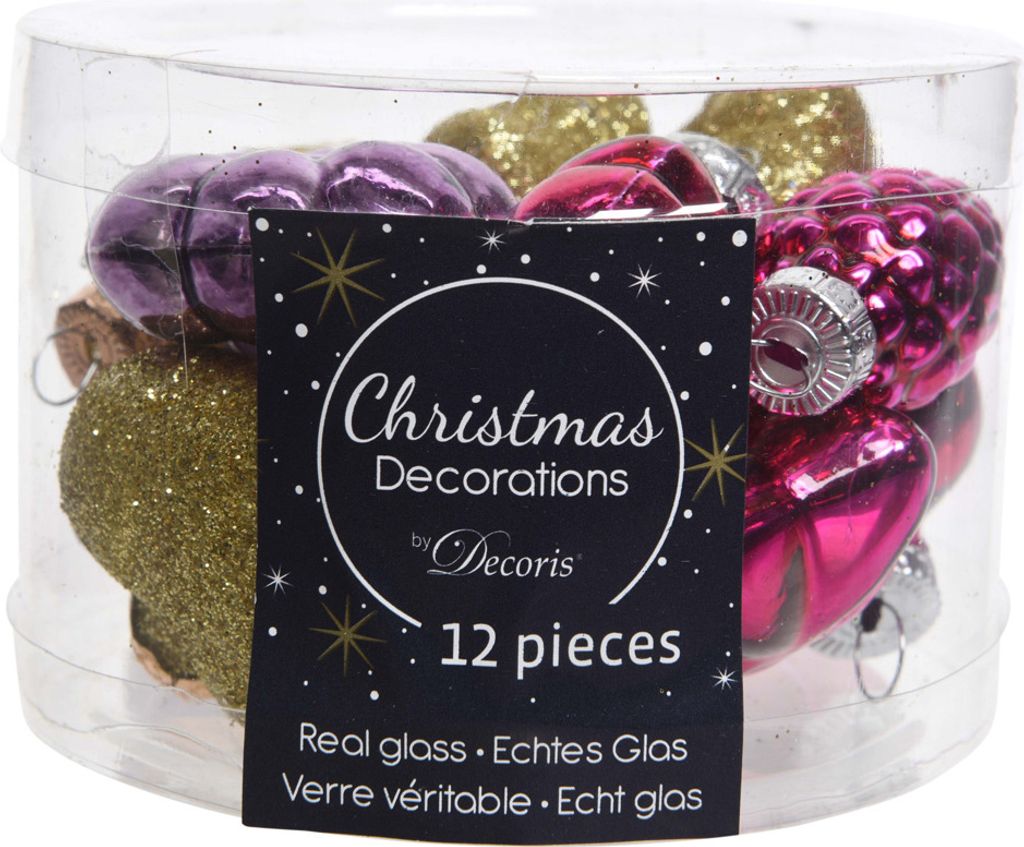 Christbaumschmuck Figuren Mix Glas 4cm 12er Set - Lila / Fuchsia /Gold
