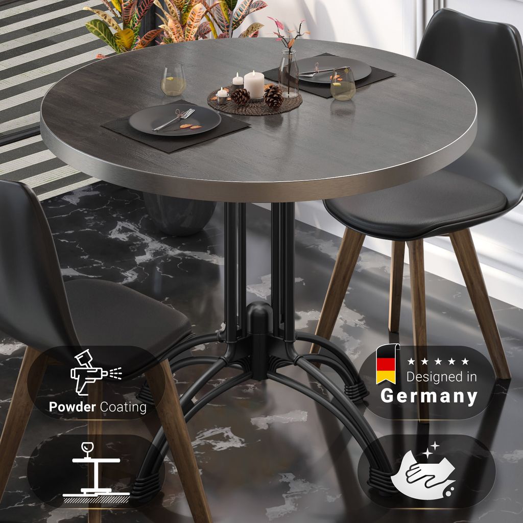 BMLG | Bistro Tisch | Ø 80 x 75 cm | Rund | Edelstahl Rand | Wenge / Schwarz | Bistrotisch Gastro Tisch