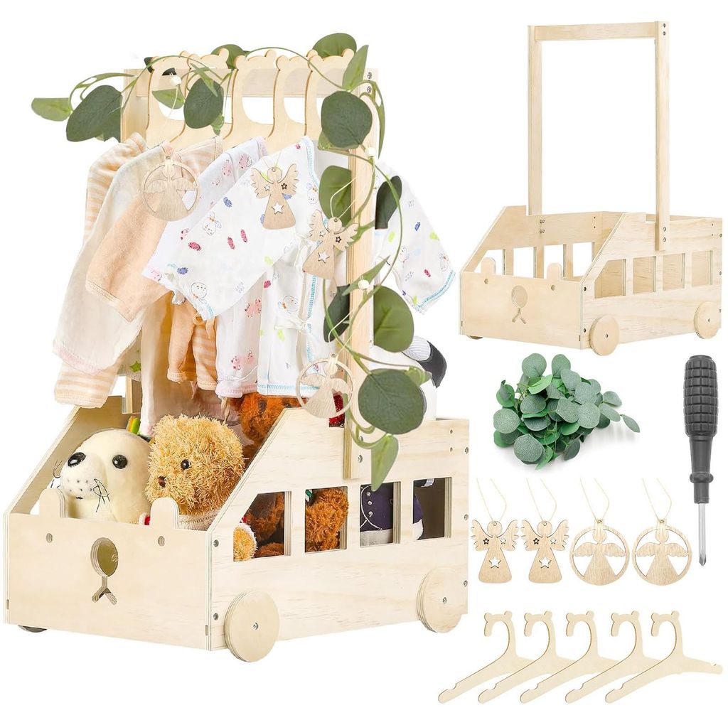 Babygeschenk mit hölzernem Babykorb auf Rollen | Praktischer Babykleiderschrank mit Griff und 5 regenbogenfarbenen Puppenkleiderbügeln | Geschenk...