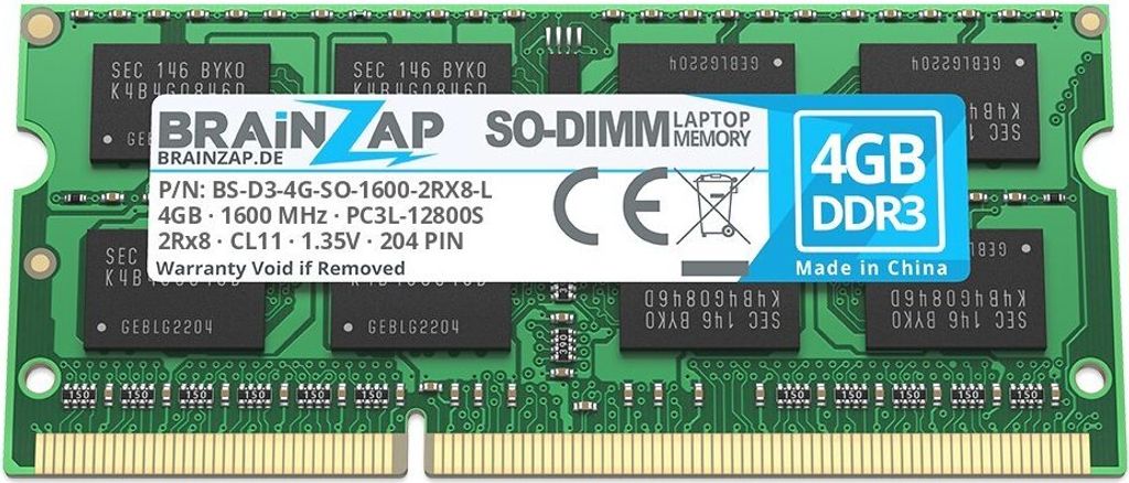 BRAINZAP 4GB DDR3 RAM SO-DIMM PC3L-12800S 2Rx8 1600 MHz Obrázek produktu 